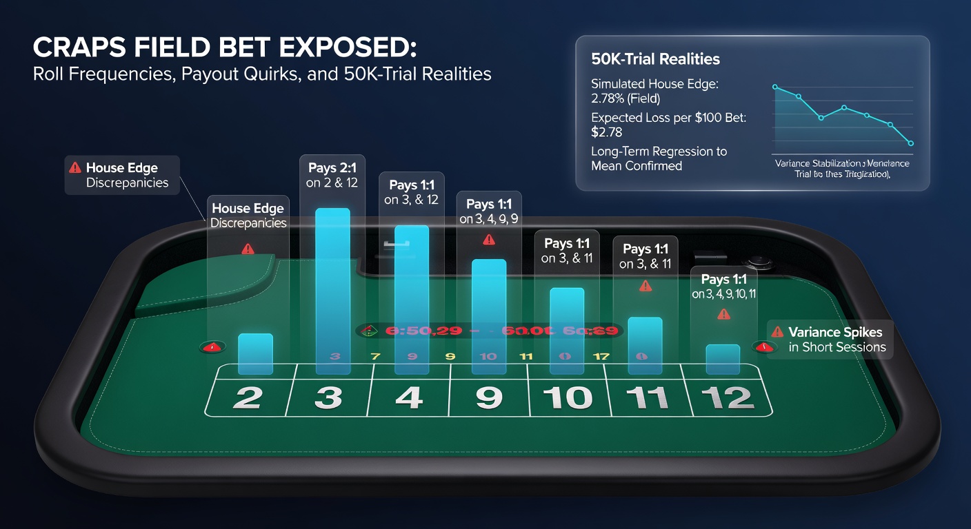 Graph charting field bet outcomes over 50,000 simulated craps rolls, showing bars for wins, losses, and special payouts