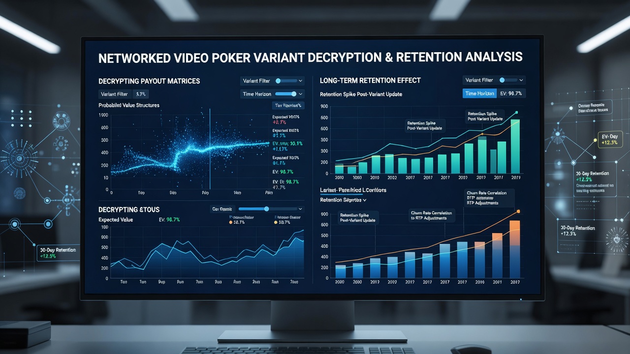 Simulation software interface analyzing video poker payout matrices and retention statistics