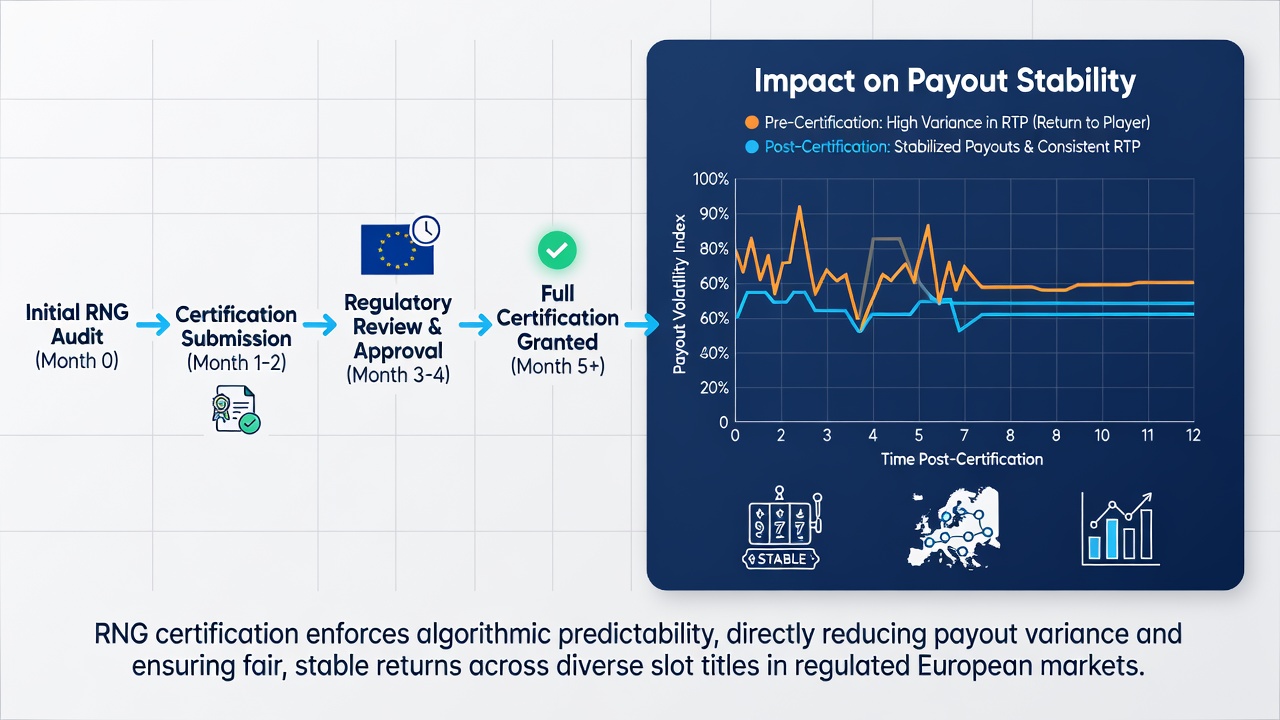 Analytical dashboard comparing RNG certification cycle lengths and corresponding slot portfolio RTP variance across European operators