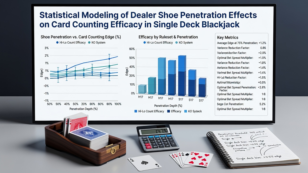 Detailed graphs illustrating card counting return rates plotted against increasing dealer shoe penetration percentages in single-deck formats