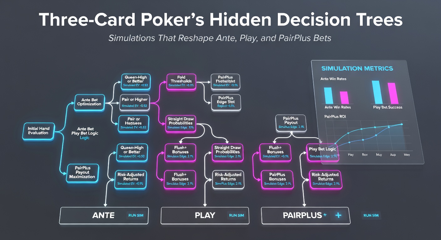 Simulation output screenshot displaying branching decision tree for Pair Plus payouts in Three-Card Poker, with EV graphs and hand frequency charts