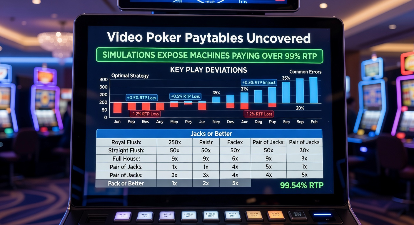 Simulation software interface showing RTP graphs, paytable comparisons, and strategy deviation charts for various video poker games